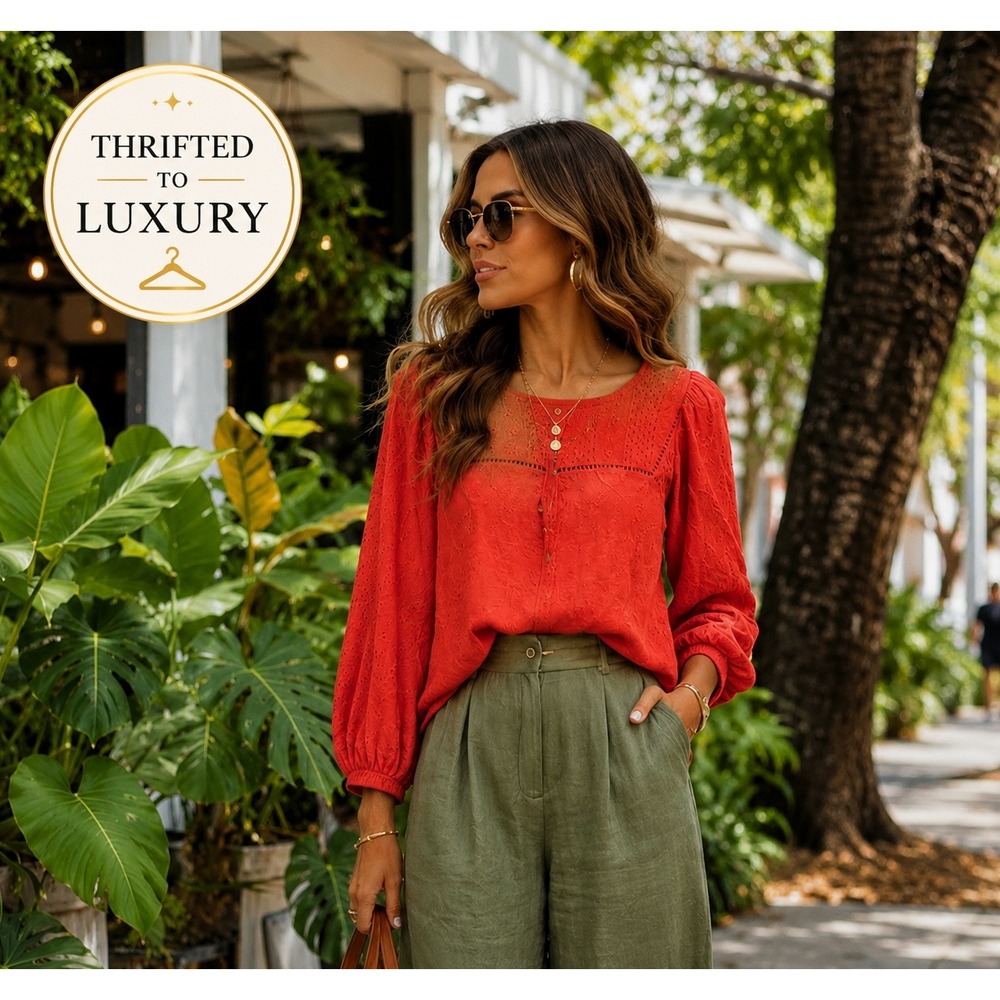 LOFT Eyelet Embroidered Long Sleeve Blouse Red Orange Boho Top NWT Size L
